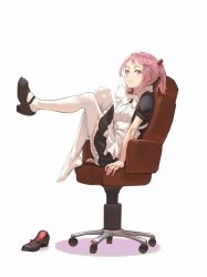 Rule 34 | 1girl, apron, black dress, black footwear, chair, dress, frills, full body, had (had314), hair bobbles, hair ornament, highres, kantai collection, maid, office chair, pink hair, purple eyes, sazanami (kancolle), shadow, unworn shoe, shoes, unworn shoes, short sleeves, short twintails, simple background, single shoe, sitting, smile, solo, swivel chair, twintails, white apron, white background, white legwear
