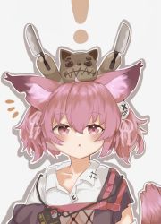 Rule 34 | !, 1girl, :o, animal ears, arknights, blush, collarbone, commentary, fox ears, fox girl, fox tail, hair between eyes, hair ornament, hands up, highres, holding, holding knife, knife, looking up, messy, notice lines, parted lips, pink eyes, pink hair, shamare (arknights), shirt, solo, stuffed animal, stuffed toy, tail, tsuna (seachicken 0141), upper body, white background, white shirt