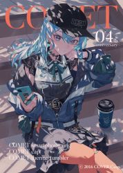 Rule 34 | 1girl, baseball cap, black hat, black skirt, blue eyes, blue hair, blue jacket, cellphone, commentary request, cup, earrings, english text, hat, highres, holding, holding phone, hololive, hoshimachi suisei, hoshimachi suisei (streetwear), jacket, jewelry, lace, long hair, long sleeves, looking at viewer, nail polish, orange nails, orange pantyhose, pantyhose, partially unzipped, phone, ring, sailor collar, shadow, sitting, skirt, smartphone, solo, stairs, star (symbol), star in eye, symbol in eye, ugonba (howatoro), virtual youtuber