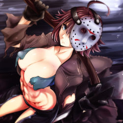Rule 34 | 1girl, abs, ahoge, ass, axe, bishoujo terror, black gloves, blue eyes, breasts, brown hair, brown jacket, butt crack, cleavage, closed mouth, clothing cutout, collarbone, commentary request, covered erect nipples, cowboy shot, denim, friday the 13th, genderswap, genderswap (mtf), gloves, green shirt, hair between eyes, highres, hockey mask, holding, holding axe, holding sword, holding weapon, jacket, jason voorhees, jeans, kotobukiya bishoujo, large breasts, leather, leather jacket, looking at viewer, machete, mask, mask on head, navel, open clothes, open jacket, over shoulder, pants, scar, shirt, short hair, solo, sword, thigh cutout, torn clothes, torn jacket, torn jeans, torn pants, torn shirt, watarui, weapon, weapon over shoulder