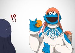 Rule 34 | !?, +++, 2girls, ^ ^, absurdres, bare shoulders, black hair, closed eyes, clothing cutout, cookie, cookie monster, cosplay, crossover, dress, final fantasy, final fantasy xiv, food, fur, gaia (ff14), giggling, highres, hjz (artemi), holding, holding cookie, holding food, hyur, long hair, long sleeves, looking at another, multiple girls, nervous sweating, open mouth, red hair, ryne waters, sesame street, shoulder cutout, simple background, smile, surprised, sweat, upper body, white background, wig