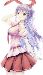 Rule 34 | 1girl, animal ears, arm up, breasts, closed mouth, collar, eyes visible through hair, hair between eyes, hand up, highres, holding, kisamu (ksmz), long hair, looking at viewer, medium breasts, necktie, puffy short sleeves, puffy sleeves, purple hair, rabbit ears, red necktie, red skirt, reisen udongein inaba, shirt, short sleeves, simple background, skirt, solo, standing, teeth, touhou, white background, white shirt, yellow eyes