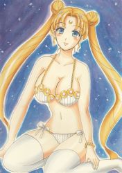 Rule 34 | 1girl, bishoujo senshi sailor moon, blonde hair, blue eyes, blush, bracelet, breasts, closed mouth, collarbone, colored skin, crescent, double bun, earrings, eyelashes, female focus, floating hair, hair bun, hair intakes, hair ornament, highres, jewelry, large breasts, lips, long hair, long twintails, looking at viewer, navel, princess serenity, sailor moon, smile, solo, space, star (sky), thighhighs, tsukino usagi, twintails, underwear, very long hair, white skin, white thighhighs