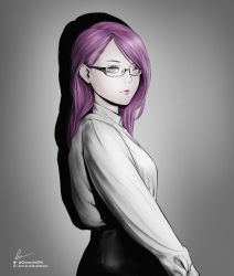 Rule 34 | 1girl, absurdres, eyebrows hidden by hair, eyelashes, from side, glasses, gradient background, highres, instagram username, kamishiro rize, long hair, makeup, marvin (omarvin), mascara, profile, purple eyes, purple hair, red lips, signature, solo, tokyo ghoul, twitter username, upper body