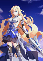 Rule 34 | 1girl, :o, absurdres, armor, armored dress, bianka durandal ataegina, bianka durandal ataegina (bright knight: excelsis), blonde hair, blue eyes, blue sky, boobplate, boots, breastplate, cloud, cloudy sky, dress, earrings, gauntlets, hair between eyes, hair ornament, highres, holding, holding polearm, holding weapon, honkai (series), honkai impact 3rd, jewelry, lanceralter1, long hair, open mouth, outdoors, polearm, sky, sleeveless, sleeveless dress, solo, spear, teeth, thigh boots, thighhighs, very long hair, wavy hair, weapon