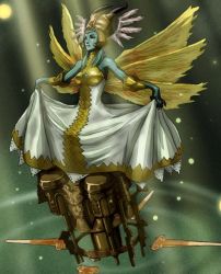 Rule 34 | 00s, 1girl, blue hair, blue skin, clothes lift, colored skin, dress, dress lift, feathered wings, final fantasy, final fantasy xii, flying, hat, head wings, multiple wings, seraph, solo, ultima (ffta), usatarou, wings