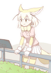 Rule 34 | 10s, 1girl, absurdres, animal ears, blonde hair, bow, bowtie, breast pocket, fence, fennec (kemono friends), fox ears, fox tail, fur trim, gloves, highres, kemono friends, pocket, short sleeves, smile, solo, tail, uepon (shimo ponzu), white gloves, yellow bow, yellow bowtie, yellow eyes, yellow legwear