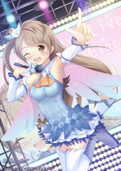 Rule 34 | 10s, 1girl, armpits, brown eyes, brown hair, character name, copyright name, detached sleeves, euforia, holding, holding microphone, long hair, love live!, love live! school idol festival, love live! school idol project, microphone, minami kotori, one eye closed, open mouth, solo, thighhighs, white thighhighs