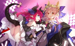 Rule 34 | 10s, 2girls, animal ears, ass, bare shoulders, bell, bent tail, black dress, blue bow, blue eyes, blush, bow, breasts, cleavage, commentary request, curled horns, detached sleeves, dragon tail, dress, elizabeth bathory (fate), elizabeth bathory (fate/extra ccc), elizabeth bathory (first ascension) (fate), eyelashes, fang, fate/extra, fate/extra ccc, fate/grand order, fate (series), fox ears, fox tail, from side, hair bell, hair between eyes, hair bow, hair ornament, hair ribbon, highres, holding, horns, jewelry, light particles, long hair, looking at viewer, medium breasts, multiple girls, necklace, obi, off shoulder, official alternate costume, open mouth, pink hair, pointy ears, purple ribbon, ribbon, saru, sash, shade, sidelocks, smile, tail, tamamo (fate), tamamo no mae (fate/extra), tamamo no mae (third ascension) (fate), tassel, very long hair, yellow eyes