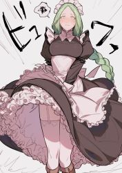 Rule 34 | 1girl, alternate costume, apron, bad id, bad twitter id, black dress, blush, boots, braid, breasts, brown footwear, clothes lift, dress, dress lift, embarrassed, enmaided, female focus, fire emblem, fire emblem: three houses, frilled apron, frilled dress, frills, garter straps, green eyes, green hair, highres, ikarin, large breasts, long hair, long sleeves, maid, maid headdress, matching hair/eyes, nintendo, nose blush, puffy long sleeves, puffy sleeves, rhea (fire emblem), single braid, solo, spoken squiggle, squiggle, standing, sweat, thighhighs, very long hair, white apron, white thighhighs, wind, wind lift