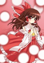 Rule 34 | 1girl, ascot, bad id, bad pixiv id, bow, brown hair, colorized, danmaku, detached sleeves, female focus, hair bow, hakurei reimu, half updo, hikataso, japanese clothes, long hair, masaru.jp, miko, own hands clasped, own hands together, red eyes, solo, touhou, yellow ascot