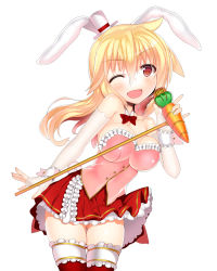 Rule 34 | 1girl, animal ears, bare shoulders, blonde hair, breasts, bustier, char, elbow gloves, fingerless gloves, gloves, hat, large breasts, long hair, looking at viewer, microphone, mini hat, mini top hat, one eye closed, original, rabbit ears, rabbit tail, red eyes, red thighhighs, skirt, smile, solo, tail, thighhighs, top hat, white gloves, wrist cuffs