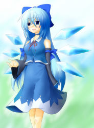 Rule 34 | 1girl, adapted costume, aged up, alternate breast size, blouse, blue background, blue eyes, blue hair, blue shirt, cirno, collared shirt, detached sleeves, embodiment of scarlet devil, green background, hair between eyes, long hair, matching hair/eyes, shirt, skirt, sleeveless, sleeveless shirt, solo, touhou, very long hair, yurume atsushi, yurumeatsushi