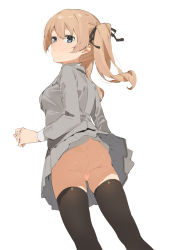 Rule 34 | 1girl, 2l (2lsize), ass, black ribbon, black thighhighs, blue eyes, blush, bottomless, brown hair, censored, closed mouth, from behind, full-face blush, grey skirt, hair ribbon, hand up, heart, heart censor, highres, long sleeves, looking back, no panties, original, pleated skirt, ribbon, school uniform, sidelocks, simple background, skirt, solo, standing, thighhighs, thighs, twintails, white background