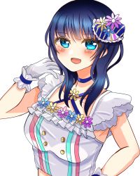 Rule 34 | 1girl, absurdres, artist name, artist request, asaka karin, back bow, bare shoulders, blue choker, blue eyes, blue hair, blush, bow, breasts, buttons, choker, cleavage, criss-cross halter, dark blue hair, dress, female focus, flower, flower dress, frilled dress, frills, gloves, hair flower, hair ornament, halterneck, highres, jewelry, looking at viewer, love live!, love live! nijigasaki high school idol club, love live! school idol festival, love u my friends, mole, mole on body, mole on breast, parted lips, plaid, plaid dress, playing with own hair, pleated, pleated dress, ribbon, short hair, small breasts, smile, solo, upper body, wavy hair, white background, white bow, white dress, white gloves, white wrist cuffs, wrist cuffs, wrist flower, yellow buttons, you and i (love live!)