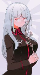 Rule 34 | 1girl, absurdres, flower, glasses, heidimarie w. schnaufer, highres, holding, holding flower, ika (hinatu1992), looking to the side, military, military uniform, open mouth, red eyes, silver hair, solo, strike witches, uniform, world witches series