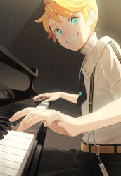 Rule 34 | absurdres, aqua eyes, belt, black necktie, black pants, blonde hair, blurry, bon bon eee, brown belt, buttons, collar, depth of field, foreshortening, frilled collar, frills, grand piano, grin, highres, instrument, kagamine len, looking at viewer, looking to the side, miku symphony (vocaloid), music, necktie, pants, perspective, piano, playing instrument, playing piano, pleated collar, shirt, short hair, short necktie, short sleeves, sitting, smile, spiked hair, suspenders, vocaloid, white shirt