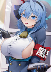 Rule 34 | 1girl, absurdres, ako (blue archive), aqua halo, bell, blue archive, blue eyes, blue gloves, blue hair, blue jacket, blush, breasts, buttons, clipboard, collar, cowbell, crescent halo, double-breasted, gloves, hair between eyes, hair ribbon, hairband, half gloves, halo, highres, jacket, large breasts, long hair, long sleeves, looking at viewer, open mouth, pen, ribbon, san (harutuki 3), sideboob, solo, underbust