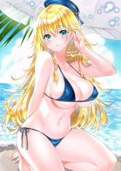 Rule 34 | 1girl, artist name, atago (kancolle), bikini, blonde hair, blue bikini, blue hat, blue sky, breasts, cloud, commentary request, dated, day, green eyes, hat, kantai collection, large breasts, long hair, looking at viewer, marker (medium), navel, nordic niku, outdoors, parasol, side-tie bikini bottom, sitting, sky, solo, swimsuit, traditional media, umbrella, wariza