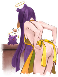 Rule 34 | 1girl, 1other, apron, ass, back, breasts, commentary, cookie, creature, english commentary, facing another, food, from behind, halo, highres, hololive, hololive english, leaning forward, long hair, medium breasts, naked apron, ninomae ina&#039;nis, nude, purple hair, sideboob, sketch, solo, speech bubble, spoken food, takodachi (ninomae ina&#039;nis), very long hair, virtual youtuber, white background, yellow apron, zer0i7