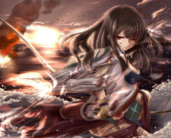 Rule 34 | 10s, 1girl, absurdres, aircraft, airplane, akagi (kancolle), arrow (projectile), blood, bow (weapon), brown hair, gloves, highres, kantai collection, kisa (k isa), long hair, one eye closed, quiver, red eyes, skirt, smoke, solo, torn clothes, water, weapon, wince