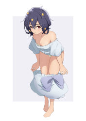 Rule 34 | 1girl, absurdres, barefoot, black hair, breasts, cleavage, clothes pull, collarbone, downblouse, flower, full body, grey background, grey shirt, grey shorts, hair between eyes, hair flower, hair ornament, highres, leaning forward, long hair, mizuno ai, nishizuki shino, outside border, panties, parted lips, red eyes, shirt, short sleeves, shorts, shorts pull, small breasts, solo, standing, underwear, undressing, yellow flower, yellow panties, zombie land saga