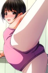 Rule 34 | 1girl, ass, ballerina, black hair, blush, breasts, brown eyes, from behind, gymnastics, highres, leotard, looking at viewer, looking back, matsunaga kouyou, open mouth, pantyhose, pink leotard, short hair, small breasts, smile, split, standing, standing on one leg, standing split, teeth, white pantyhose