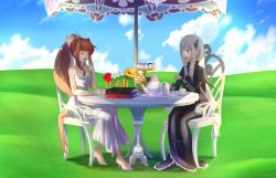 Rule 34 | 2girls, :d, ^ ^, bare arms, black capelet, black dress, black footwear, blue sky, book, brown hair, butterfly hair ornament, capelet, chair, closed eyes, cloud, colored eyelashes, commentary, crossover, cup, cupcake, doki doki literature club, dress, echidna (re:zero), english commentary, facing another, flower, food, hair ornament, hair ribbon, high heels, highres, long hair, long sleeves, looking at another, monika (doki doki literature club), multiple girls, open mouth, parasol, pastry, ponytail, re:zero kara hajimeru isekai seikatsu, ribbon, shoes, sitting, sky, sleeveless, sleeveless dress, smile, table, takuyarawr, teapot, umbrella, very long hair, white dress, white footwear, white hair, white ribbon