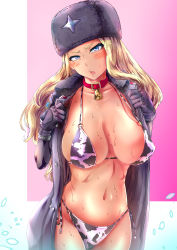Rule 34 | 1girl, absurdres, animal print, annoyed, areolae, bikini, black gloves, blonde hair, blue eyes, blush, breasts, bro.you-yan, buttons, cleavage, coat, collar, collarbone, cow print, cowbell, dark skin, dark skinned female, embarrassed, fur hat, fur trim, gloves, gyaru, hat, highres, kolin, large breasts, lips, long hair, navel, nipples, open clothes, open coat, parted lips, solo, street fighter, street fighter v, sweat, swimsuit, thighhighs, thighs, ushanka, wavy hair, winter clothes, winter coat, zettai ryouiki