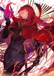 Rule 34 | 1girl, armored boots, belt, black bodysuit, bodysuit, boots, bracer, breasts, cape, chain, collared cape, crest, family crest, fate/grand order, fate (series), fire, hair over one eye, highres, katana, koha-ace, large breasts, licking lips, long hair, looking at viewer, nijimaarc, oda nobunaga (fate), oda nobunaga (maou avenger) (fate), oda uri, open mouth, popped collar, red cape, red eyes, red hair, sheath, smile, solo, sword, thighs, tongue, tongue out, weapon