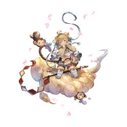 Rule 34 | 1girl, andira (granblue fantasy), blonde hair, blush stickers, cherry blossoms, cleavage cutout, clothing cutout, cloud, erune, flying nimbus, full body, fur trim, granblue fantasy, hair ornament, headband, minaba hideo, monkey, monkey tail, nose bubble, official art, red eyes, short hair, shorts, sitting, sleeping, staff, striped clothes, striped thighhighs, tail, thighhighs, transparent background