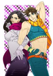 Rule 34 | 1boy, 1girl, :3, age difference, aqua eyes, arm behind head, ass, back-to-back, bad id, bad pixiv id, battle tendency, belt, black hair, blue eyes, brown hair, cigarette, contrapposto, earrings, family, fingerless gloves, gloves, icym, jewelry, jojo no kimyou na bouken, joseph joestar, joseph joestar (young), lisa lisa, long hair, mature female, midriff, mother and son, multiple belts, polka dot, polka dot background, red scarf, scarf, sleeveless, smoking, standing, striped clothes, striped scarf, white gloves