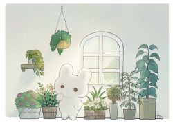 Rule 34 | ayu (mog), bad id, bad pixiv id, border, rabbit, closed mouth, daisy, flower, green background, hand up, indoors, ivy, mixed-language commentary, no humans, original, plant, pot, potted plant, red flower, red rose, rose, signature, standing, white border, white flower, window