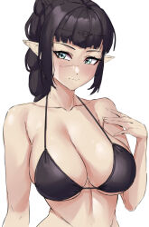 Rule 34 | 1girl, absurdres, baldur&#039;s gate, bare arms, bare shoulders, bikini, black bikini, black hair, breasts, commentary, damobelmont, dungeons &amp; dragons, grey eyes, hand on own chest, highres, large breasts, long hair, looking at viewer, pointy ears, shadowheart (baldur&#039;s gate), sidelocks, simple background, solo, stomach, swimsuit, upper body, white background