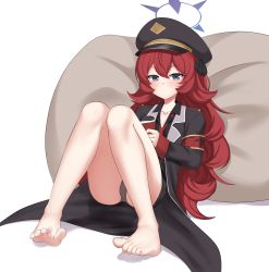 Rule 34 | 1girl, armband, barefoot, black panties, blue archive, blush, book, closed mouth, coat, collarbone, collared shirt, dorsiflexion, emblem, feet, grey eyes, halo, hat, highres, holding, holding book, iroha (blue archive), jacket, knees up, kurisu-kun, long hair, long sleeves, looking at viewer, military, military hat, military jacket, miniskirt, necktie, panties, pantyshot, peaked cap, pencil skirt, pillow, red hair, red necktie, shirt, sitting, sitting on pillow, skirt, slit pupils, thighs, toes, underwear, very long hair, wavy hair, white background