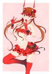 Rule 34 | 10s, 1girl, absurdres, bad anatomy, bandeau, blush, border, breasts, brown hair, c (control), earrings, eating, flower, food, frilled skirt, frills, fruit, green eyes, hair flower, hair ornament, highres, horns, jewelry, long hair, looking at viewer, mashu, mashu (control), miniskirt, one eye closed, outside border, poorly drawn, red hair, simple background, skirt, solo, standing, standing on one leg, strawberry, stud earrings, twintails, underboob, very long hair, white border, wink, yeyebirdie