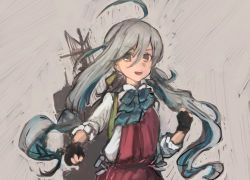 Rule 34 | 1girl, ahoge, black gloves, blue bow, blue bowtie, blue hair, bow, bowtie, clenched hands, dress, gloves, grey hair, hair between eyes, hair ribbon, highres, kantai collection, kiyoshimo (kancolle), long hair, low twintails, moor, multicolored hair, open mouth, partially fingerless gloves, purple dress, ribbon, rigging, shirt, simple background, sleeves rolled up, solo, twintails, upper body, white shirt