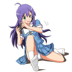 Rule 34 | 1girl, ahoge, blouse, blue eyes, blue ribbon, blue shirt, blue skirt, collared shirt, commentary, controller, crotch seam, frown, game controller, highres, holding, holding controller, holding game controller, idolmaster, idolmaster million live!, knee up, leaning to the side, lielos, long hair, looking at viewer, miniskirt, mochizuki anna, motion lines, neck ribbon, open mouth, panties, pantyshot, pleated skirt, purple hair, ribbon, shadow, shirt, short sleeves, simple background, single horizontal stripe, sitting, skirt, socks, solo, summer uniform series (idolmaster), sweatdrop, underwear, white background, white panties, white socks