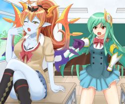 Rule 34 | 2girls, :o, ahoge, angry, athena (p&amp;d), black bra, blue skin, blush, bow, bra, bra slip, breasts, brown eyes, classroom, cleavage, colored skin, demon girl, desk, gloves, green hair, hair ornament, halo, hand on own hip, hera-ur (p&amp;d), hera (p&amp;d), highres, horns, jacket, lace, lace-trimmed bra, lace trim, large breasts, crossed legs, long hair, mechanical wings, mimix33, multiple girls, on desk, one eye closed, orange hair, pleated skirt, pointing, pointy ears, puzzle &amp; dragons, school, school desk, school uniform, sitting, on desk, skirt, sweater, underwear, vambraces, wings, yawning, yellow eyes