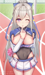Rule 34 | 1girl, absurdres, arm behind back, artist name, azur lane, black leotard, blue bow, bow, breasts, casablanca (azur lane), casablanca (cheer squad on break) (azur lane), cleavage, covered navel, cowboy shot, day, finger to mouth, hair bow, high ponytail, highleg, highleg leotard, highres, jean.organ, leotard, leotard under clothes, long hair, long sleeves, medium breasts, miniskirt, outdoors, parted lips, pleated skirt, pom pom (cheerleading), purple eyes, shrug (clothing), silver hair, skindentation, skirt, smile, solo, star (symbol), straight hair, thigh gap, very long hair, white skirt