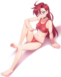 Rule 34 | 1girl, abs, arm support, bare legs, barefoot, bell, bikini, black choker, breasts, choker, closed mouth, collarbone, cure flamingo, female focus, from above, highres, jingle bell, long hair, looking at viewer, looking up, minazuki juuzou, navel, neck bell, precure, purple eyes, red bikini, red hair, sitting, smile, soles, solo, swimsuit, takizawa asuka, toes, tropical-rouge! precure
