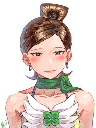Rule 34 | ace attorney, alita tiala, arms at sides, artist name, bare shoulders, blush, brown hair, closed mouth, clover, earrings, four-leaf clover, green scarf, hair bun, highres, jewelry, miz (bannako), portrait, scarf, shirt, signature, simple background, single hair bun, sleeveless, sleeveless shirt, smile, swept bangs, white background, white shirt