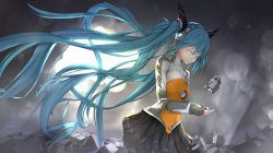 Rule 34 | 1girl, aqua hair, closed eyes, fingerless gloves, floating hair, from side, gloves, hatsune miku, headphones, hiraba 6018, long hair, odds &amp; ends (vocaloid), robot, skirt, solo, twintails, uf 6018, very long hair, vocaloid