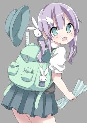 Rule 34 | 1girl, :d, absurdres, backpack, bag, blue hat, blue skirt, blush, commentary request, green eyes, grey background, hair between eyes, hair ornament, hamada pengin, hat, head tilt, highres, holding, long hair, looking at viewer, looking back, open mouth, original, pleated skirt, puffy short sleeves, puffy sleeves, purple eyes, rabbit hair ornament, shirt, short sleeves, sidelocks, simple background, skirt, smile, solo, sweater vest, twintails, unworn hat, unworn headwear, white shirt, wing hair ornament