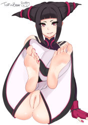 Rule 34 | 1girl, anus, arm support, barefoot, capcom, cleft of venus, crotchless, crotchless pants, drill hair, fat mons, feet, han juri, hugging own legs, looking at viewer, nail polish, no panties, pants, purple eyes, pussy, smile, soles, solo, street fighter, street fighter iv (series), toenail polish, toenails, toes, tofuubear, twin drills, uncensored