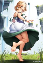 Rule 34 | 1girl, ass, bare back, bare shoulders, blonde hair, breasts, cleavage, dress, earrings, elf, from behind, grass, green eyes, grin, jewelry, large breasts, legs, looking back, luxpineapple, medium breasts, nintendo, pointy ears, princess zelda, skirt, smile, solo, the legend of zelda, the legend of zelda: tears of the kingdom, upskirt, water, white dress