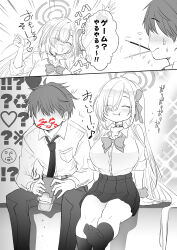 Rule 34 | 1boy, 1girl, asuna (blue archive), black choker, black socks, blue archive, blush, bow, bowtie, box, breasts, choker, dress shirt, eyes visible through hair, faceless, faceless male, food, food in mouth, hair over one eye, hair ribbon, halo, holding, holding food, incoming pocky kiss, large breasts, lipstick mark, lipstick mark on face, long hair, miniskirt, mizuki takehito, monochrome, necktie, no shoes, pants, pleated skirt, pocky, pocky in mouth, pocky kiss, ribbon, school uniform, scrunchie, sensei (blue archive), shared food, shirt, shirt tucked in, sitting, skirt, sleeves rolled up, smile, socks, speech bubble, surprised, swept bangs, swinging legs, talking, translation request, white shirt
