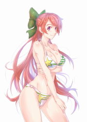 Rule 34 | 1girl, bad id, bad pixiv id, bikini, bow, breasts, copyright request, hair bow, large breasts, long hair, navel, o-ring, o-ring bottom, o-ring top, purple eyes, red hair, ryuuzaki ichi, simple background, smile, solo, swimsuit, very long hair, white bikini