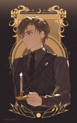 Rule 34 | 1boy, artem wing (tears of themis), artist name, black vest, blue eyes, brown hair, candle, candlelight, candlestand, closed mouth, collared shirt, earrings, highres, holding, jewelry, koeda (k83 4), long sleeves, male focus, necktie, shirt, short hair, solo, tears of themis, upper body, vest, white hair, yellow eyes