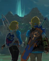 Rule 34 | 1boy, 1girl, ass, black cape, blue tunic, braid, cape, commentary, crown braid, day, english commentary, fingerless gloves, gloves, hylian shield, link, master sword, md5 mismatch, mountainous horizon, night, nintendo, outdoors, overlord jc, pants, pointy ears, polearm, princess zelda, resolution mismatch, scabbard, sheath, sheathed, sheikah slate, shield, shield on back, short hair, short ponytail, sidelocks, source larger, spear, sword, sword behind back, the legend of zelda, the legend of zelda: breath of the wild, the legend of zelda: tears of the kingdom, tight clothes, tight pants, tunic, weapon, weapon on back